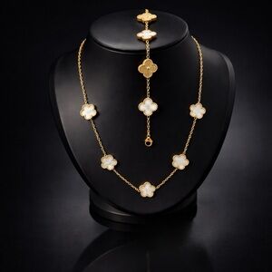 White Clover Station Necklace Bracelet Set 18K Gold Filled Adjustable